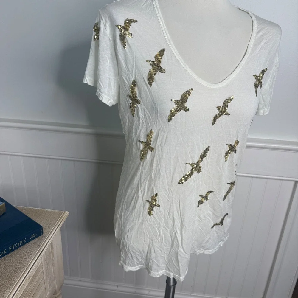 Tory Burch Ivory Modal Sequin Bird V-Neck T-Shirt XS Gold Nautical Coastal
